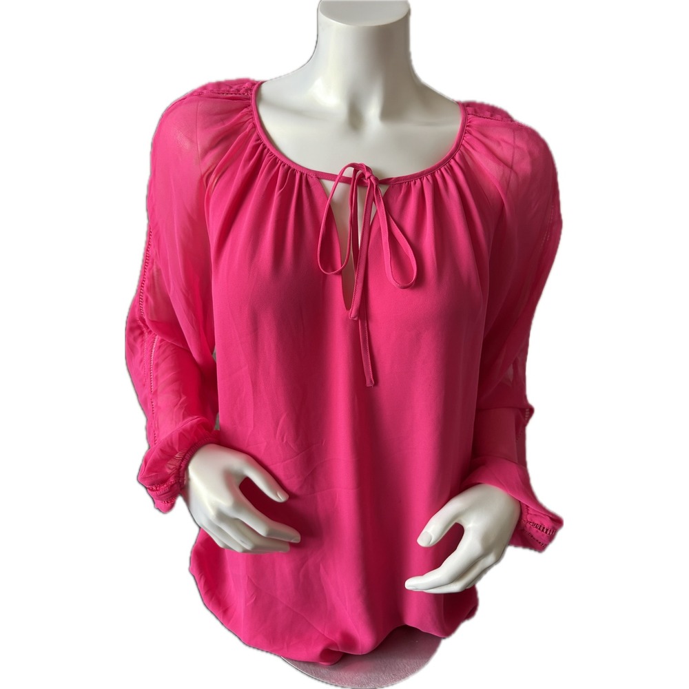 White House Black Market Pink Blouse Top Tie Neck Long Sleeve Size 14‎